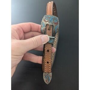 Dog Collar Brown Leather Silver Plate With Red And Blue Stone Inlay Buckle Bling